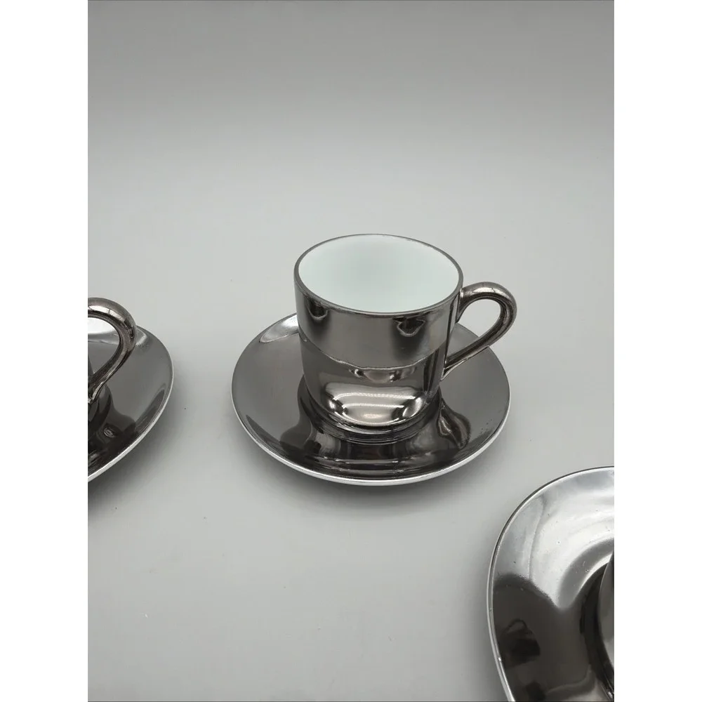 Fitz & Floyd Silver Demitasse Espresso Cups & Saucers Set 4 FF Stamp